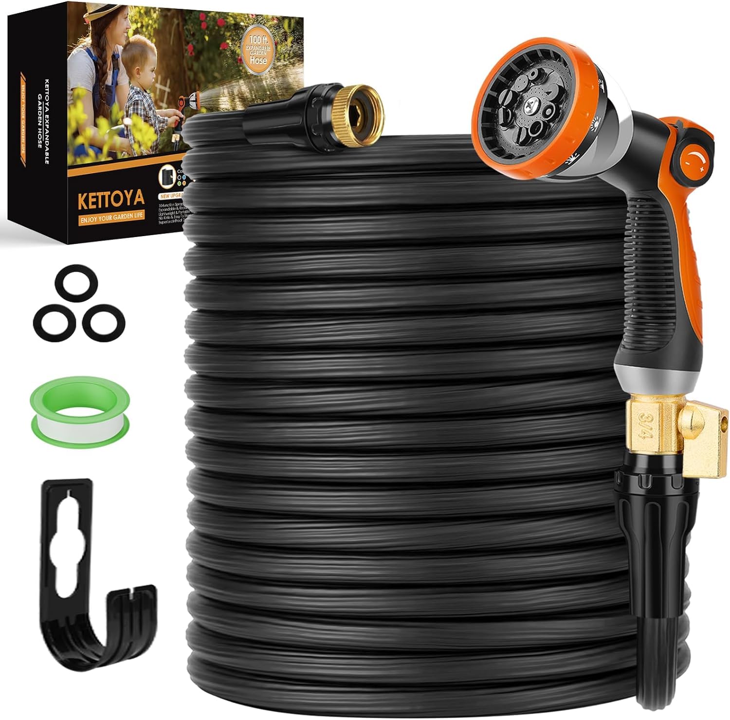 ($60 on amazon w/ 1,000+ 5-stars - see additional image) - Lightweight Expandable Garden Hose WITH Deluxe Thumb Control Multi-Pattern Spray Nozzle AND Hanging Bracket! - No-Kink Flexibility, 3/4 Inch Solid Brass Fittings and Double Latex Core - GREAT DEAL because you will receive green, black or blue at random - Order 2 or more and SHIPPING IS FREE!