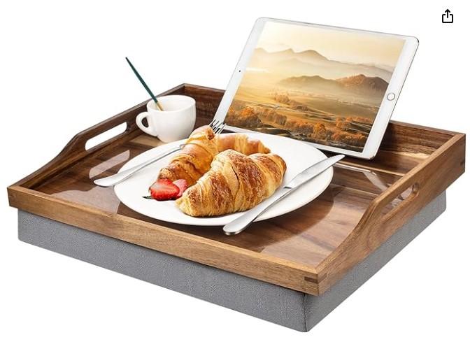 Acacia Wood Laptop Tray - Includes detachable cushion, removable smartphone/tablet holder, and non-slip mat - This accessory is perfect for enjoying snacks, watching TV, doing homework, or working on the couch or in bed. - SHIPS FREE!