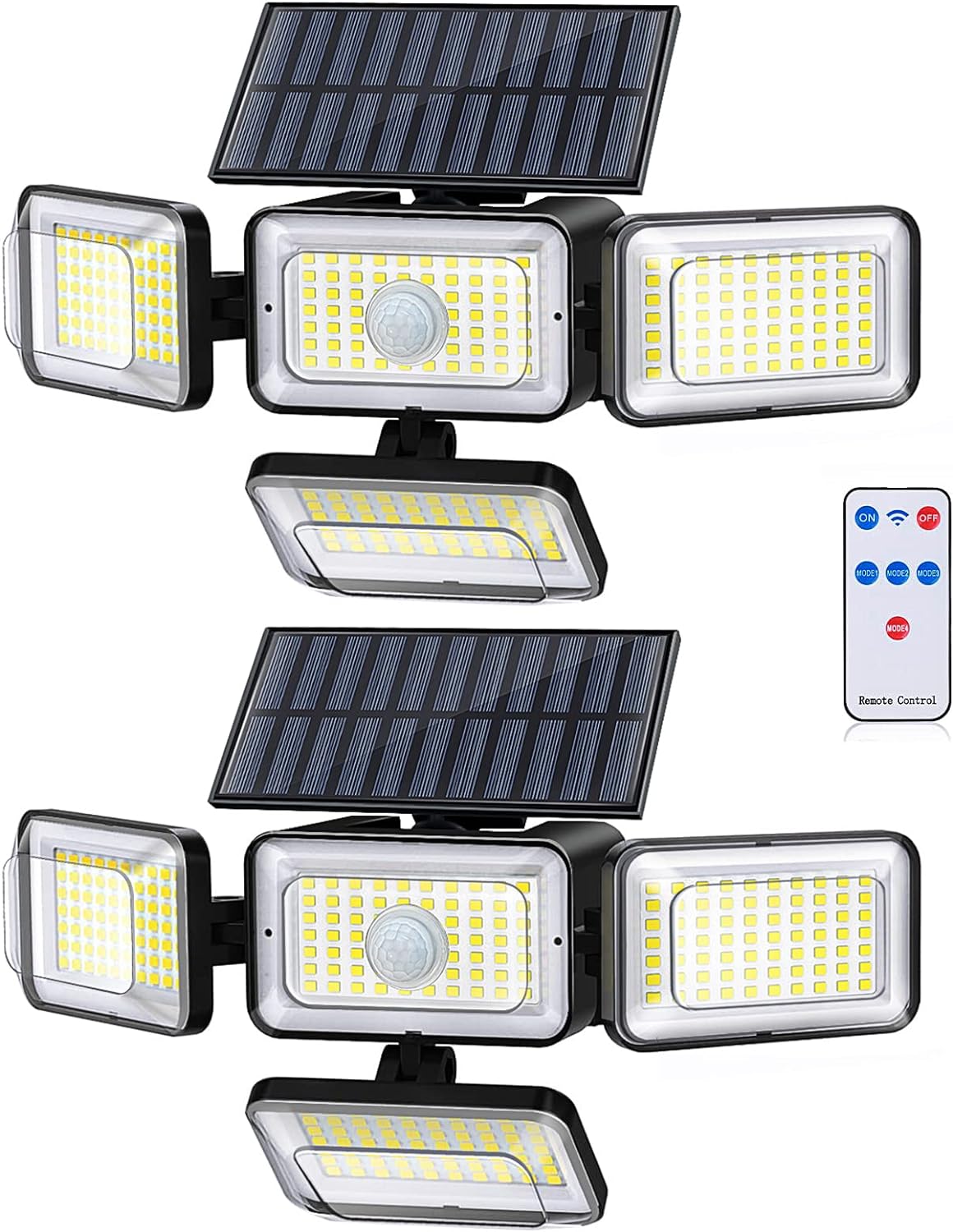 TWO PACK of 4-Panel Adjustable Remote Motion Activated Motion Sensor Solar Waterproof Outdoor Lights - Incredibly bright with multiple modes, including a very unique security flash mode. Whether you are simply using these to light your way when arriving home, or to ensure your home is more secure, these very high end solar lights will be an amazing addition. SEE ADDITIONAL VIDEO BELOW - Order 2 or more 2-packs and SHIPPING IS FREE!