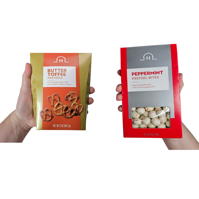 Hickory Farms Sweet Snacks - Choose from 4 BAGS of Butter Toffee Pretzels (2 oz per bag) And 2 BAGS of Peppermint Pretzel Bites (6 oz per bag) - Order 3 or more total selections and SHIPPING IS FREE!