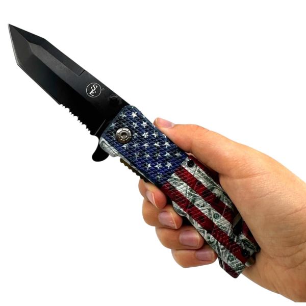 Rugged USA Flag Survival Pocket Knife - Includes a seatbelt / rope cutter and a window breaker / self defense punch - Order 2 or more and SHIPPING IS FREE!