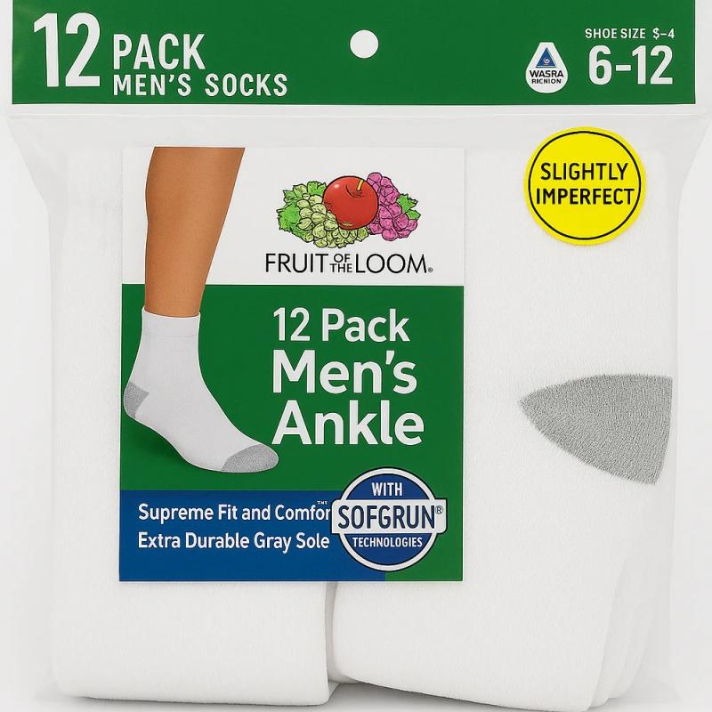 12 PACK OF: Fruit of the Loom Men's Ankle Socks. Designed with soft ...