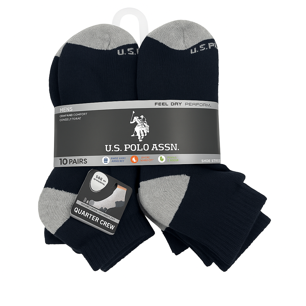 10 Pairs of US Polo Association Men's Quarter Crew Socks  - Fits Shoe Sizes 6 - 12 - Random Color Black or  White - Order 3 or more and SHIPPING IS FREE!