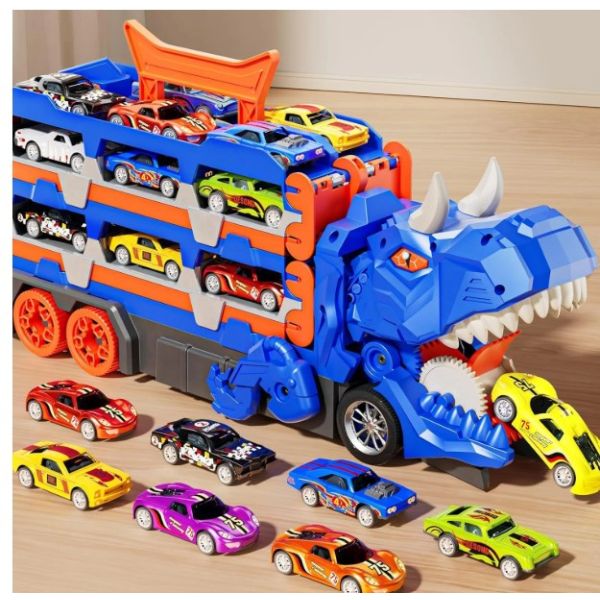 Dinosaur Truck - This 3-in-1 multi-functional dinosaur truck toy includes 12 die-cast mini cars and transforms into a 57-inch race track with dual launchers - SHIPS FREE!