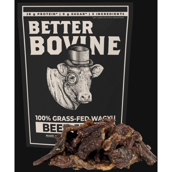 (Folks, this is WAGYU Beef jerky for only $4.99 per bag!) - 4 BAGS of BETTER BOVINE Grass Fed Wagyu Beef Jerky - 100% grass fed and grass finished, Non-GMO, and raised humanely and regeneratively without antibiotics or added hormones. - Gluten-free, Keto, Paleo, Carnivore, Low Carb, No Carb, Low FODMAP, Whole30, Diabetic, and Non-GMO friendly - ALLERGEN FRIENDLY - All natural, whole food ingredients that are dairy free, soy free, nut free, gluten free, nitrate free, msg free, and sugar free; free from top 9 allergens - Order 3 or more 4-packs and SHIPPING IS FREE!