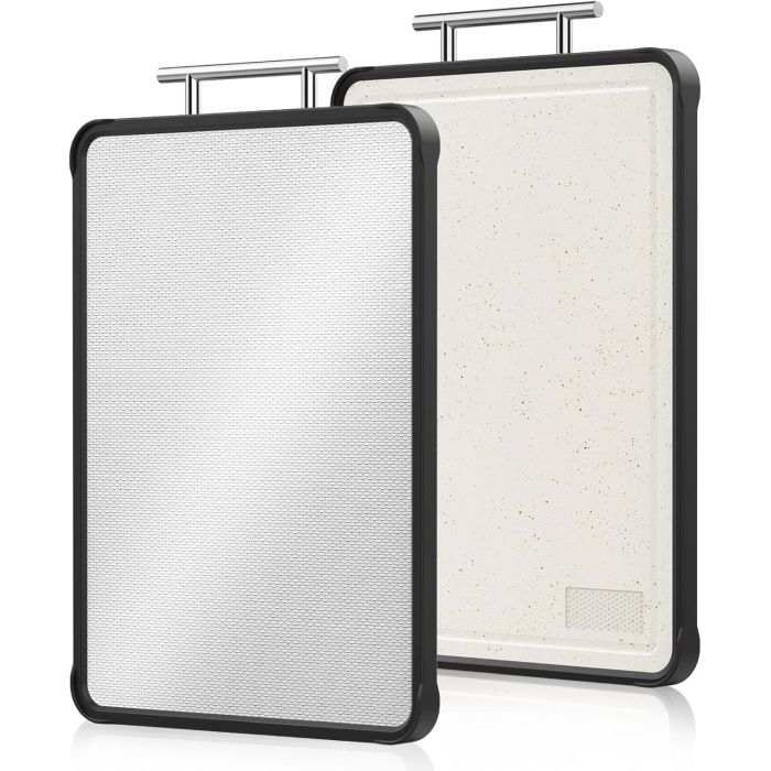 Dual Sided Stainless Steel / Composite Cutting Board - Large 15 1/4 x 11 3/8in size - Stainless steel cutting boards are durable, non-porous, odor-resistant, easy to sanitize, stain-resistant, and built to last for years. And for when the stainless steel side isn't what you need, simply flip it over! - SHIPS FREE!