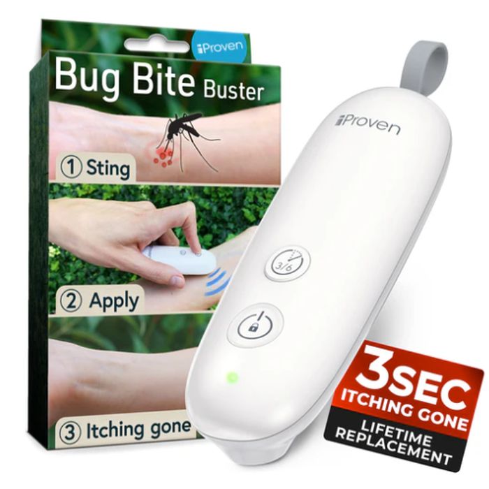 UNMUTE the video for audio - ($23 on amazon FOR ONE with 5-star reviews - see additional image) - 2 PACK of Bug Bite Busters - Instant Insect Bite Relief Device - Chemical-Free Treatment of Insect Bites and Stings, Itching and Swelling - BATTERIES INCLUDED and ready to use immediately! - Folks, I've personally uses these many times and was shocked how instantly it took the itch away! - SHIPS FREE!