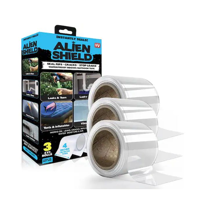UNMUTE the video for audio - THREE Pack of Alien Shield Transparent Ultra-Durable Waterproof Indoor and Outdoor Tapes - The Ultra durable and waterproof tape that instantly locks into place to seal any leak. -  4 in. Wide x 5 ft. Long per roll - Order 4 or more sets of 3 and SHIPPING IS FREE!