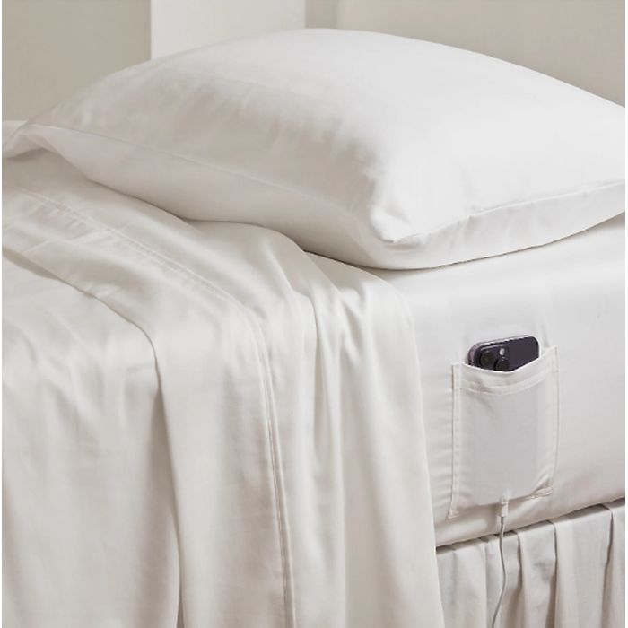 100% Cotton Sheet Set With Side Pocket For Phone / Remote Etc - You get a fitted sheet, flat sheet and two pillow cases - Available in Full/Queen - Choose color of white, blue or gray - Order 4 or more sets and SHIPPING IS FREE!