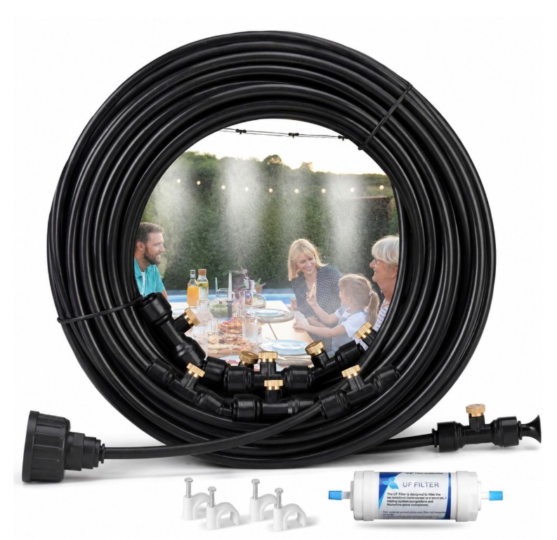 UNMUTE the video for audio - Outdoor Connectible Misting Cooling System‌ - 30 feet - TWO IMPORTANT THINGS: 1. Nothing special needed, this used a standard garden hose. 2. You can connect them end to end or trim them to the exact length you need! - SHIPS FREE!