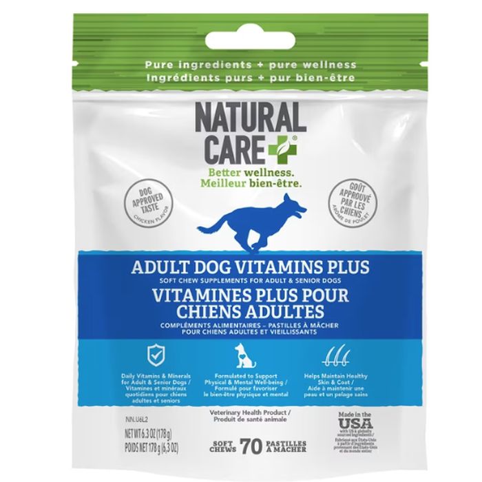 ($16 PER BAG at PetSmart, but four for $14.96 from us!) - FOUR BAGS of Natural Care Adult Dog Soft Chew Treat Vitamins Plus - 70 Chews Each Bag -  These MADE IN THE USA Daily Dog Multivitamins Deliver Essential Vitamins and Minerals to Support Lifelong Physical and Mental Well-Being! - Formulated for Promoting a Soft, Shiny Coat and Healthy Skin - Perfect for Keeping Pups Active, Happy, and Thriving Every Day! - Great deal because the 