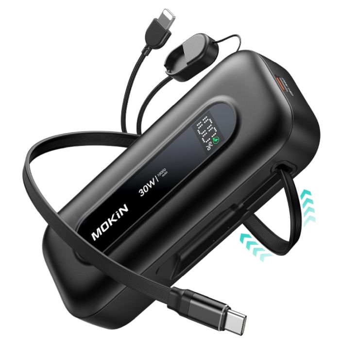 Portable Power Bank with 24 inch Retractable USB C Cables - This 10,000mAh Portable Power Bank Features Built-In Retractable USB-C and iOS Cables - Delivers Blazing 30W Fast Charging to Power Up Phones and Tablets in a Flash with Zero Cord Clutter - Includes an Integrated Detachable Carrying Strap for Total Grab-and-Go Convenience! - Order 4 or more and SHIPPING IS FREE!