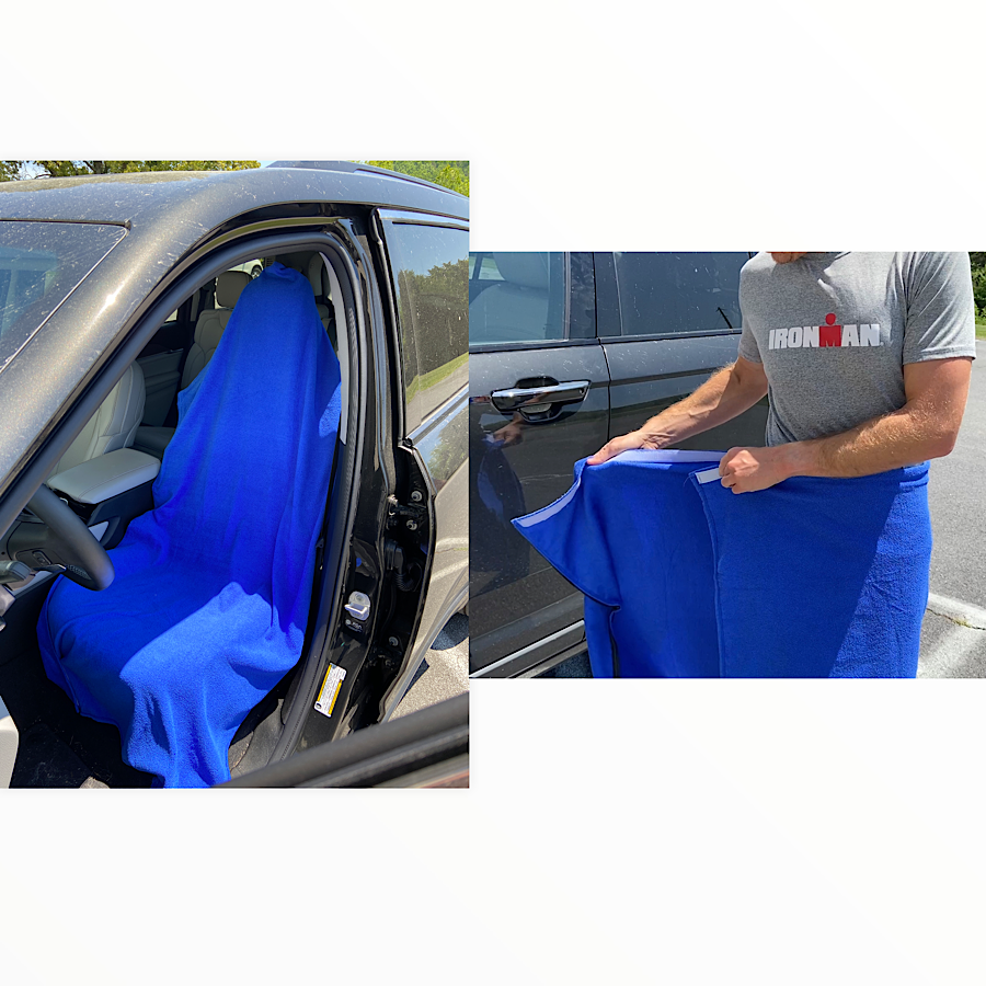 (It's crazy, but this unique item is $45 on amazon (see additional image for different brand but similar item) - THIS IS BRILLIANT - Transition Towel / Car Seat Towel - This VERY unique towel allows you to transition out of your wet, sweaty and dirty clothes with some privacy AND has a hood on one end so it stays put on your car seat's headrest - Keeps your car seat from getting dirty while also protecting your skin from hot seats in the Summer! - Order 2 or more and SHIPPING IS FREE!