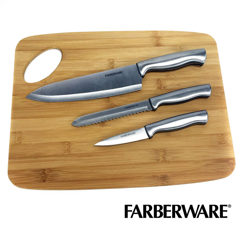 6 Piece Bamboo Cutting Board and Stainless Steel Farberware Knife Set