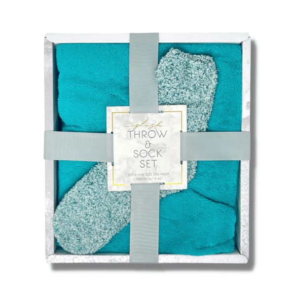 Ultra Soft Plush Throw and Socks Gift Set  - GREAT DEAL because you will receive a random color and VERY importantly, it does NOT come in the box shown. It would cost about $12 more if we included the box - due to shipping costs -  (that will get thrown away immediately) - Order 3 or more and SHIPPING IS FREE!