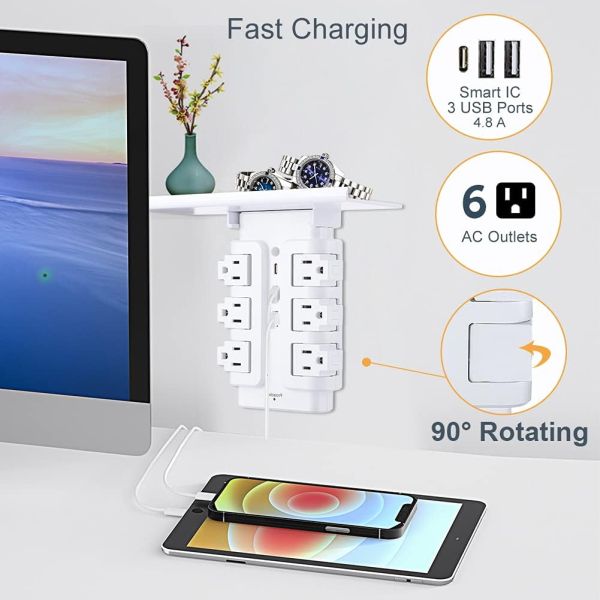 Rotating Wall Charger Station Power Strip Shelf 6 Outlets 3 USB(2A1C) 4.8A Surge Protector With