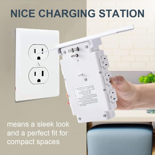 Rotating Wall Charger Station Power Strip Shelf 6 Outlets 3 USB(2A1C) 4.8A Surge Protector With