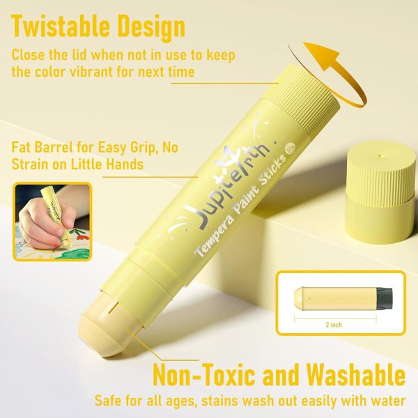 12 Colors Solid Tempera Paint Sticks - Washable, Quick Drying, Mess ...