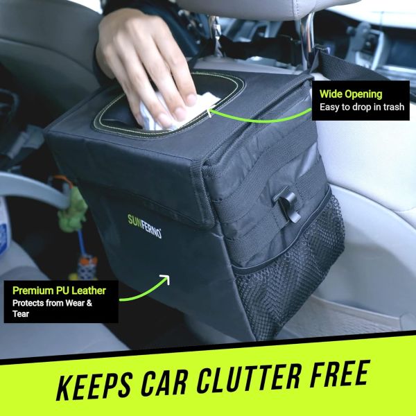 Waterproof Sunferno Car Trash Can / Storage Bin - - Compact, Waterproof Leakproof Bag for Car Storage and Organization - Hangs on the back of seat rests, of you can simply sit it on a seat or floorboard - Order 3 or more and SHIPPING IS FREE!