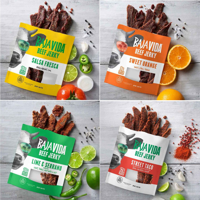THREE BAGS of Baja Beef Jerky - 100% All Natural Beef Jerky 2.5 oz Bag - No Nitrates, Beef With No Added Hormones, Gluten Free, Low Sugar, Made in the USA - Choose Flavor from Sweet Orange, Street Taco, Salsa Fresca and Lime & Serrano Pepper - Order all 4 flavors and SHIPPING IS FREE!
