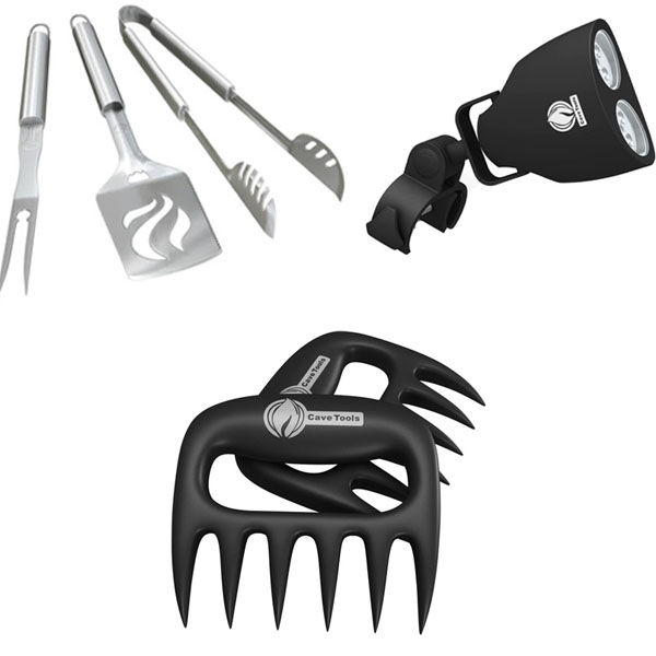 (YOU WILL LOVE THIS SET! I can't stress enough how good of a deal this is, as the quality is outstanding! Grab for yourself & a gift...maybe early Father's Day!) - Ultimate Cave Tools Barbecue Grill Tools Set - YOU GET ALL OF THIS: 3 Piece Stainless Steel BBQ Tool Set, Barbecue Grill Light And a Pair of Cave Tools Meat Claws - These are all EXTREMELY high quality and each in retail boxes so you can keep / gift them all as a set or split them up. All three items have thousands of 5-star reviews on amazon and sell for the following prices: 3-Piece Stainless Tool Set: $23, Grill Light: $22, Meat Claws: $13, for a total of $58, but you're getting EVERYTHING for $24.99! - Order 2 or more sets and SHIPPING IS FREE!