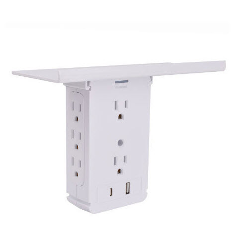 Deluxe 8-Plug Side Entry Outlet Extender With USB Ports and Shelf  - This unique charger has you covered! Allowing for plugging in items on both sides and the front for a total of 8 outlets. In addition you have two USB ports, one USB-A and one USB-C. The shelf allows you to place your phone directly on the outlet for charging. Don't want to use the shelf? No problem, it's easily removed it you want. - Order 2 or more and SHIPPING IS FREE!