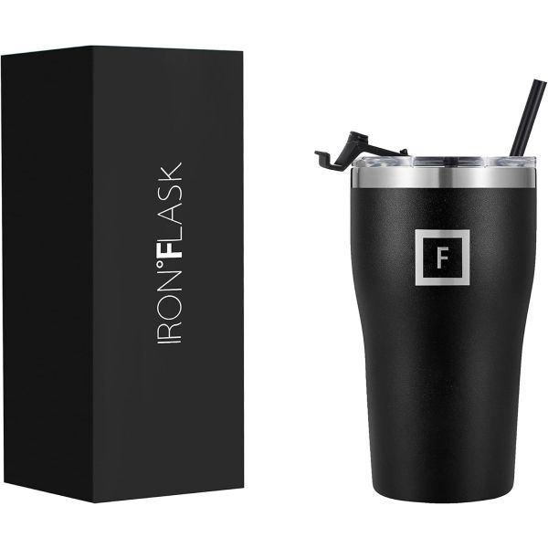IRON °FLASK Insulated Rover Tumbler w/Lid & Straw in Midnight Black - 16 Oz Leak Proof & Stainless Steel Bottle for Hot & Cold Drinks - Order 4 or more and SHIPPING IS FREE!