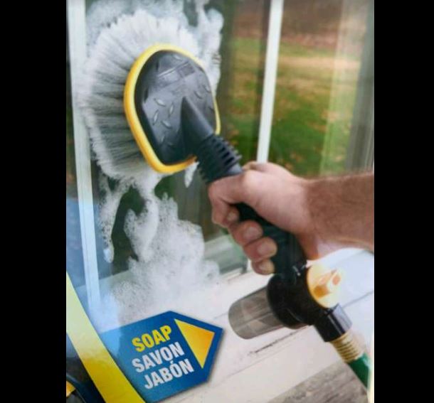 Quickie Washing Brush - Hook up to your garden hose and fill up the built-in canister (or not) with cleaner and automatically suds up the brush as you clean your car, outdoor furniture, deck and more! - Has soap, rinse and off settings - $1.49 shipping, but order 2 or more and SHIPPING IS FREE!