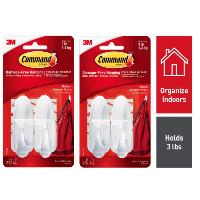 2 PACK of 2 PIECE (4 total hooks) of 3 lb. Medium White Designer Command Hooks - Hang up stuff easily without tools AND without holes, messy marks or sticky residue on your walls! - Two retail packs of two means you get 4 Hooks 8 Strips - SHIPS FREE!