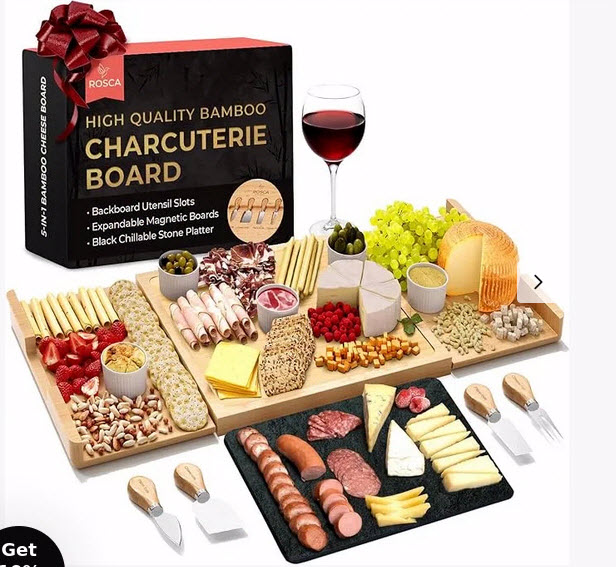 Deluxe Expandable Bamboo Appetizer, Cheese & Charcuterie Board Set With Chillable Slate Board - Includes a full cheese knife set - This is an incredibly nice set! $59 on amazon w/ 5-star reviews - see additional image, and $75 at Williams Sonoma, just $39.99 from us! - Set up a single side serving board for solo snacks or expand the board completely for a large party of 12 or more. - SHIPS FREE!