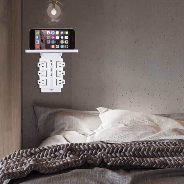 Rotating Wall Charger Station Power Strip Shelf 6 Outlets 3 USB(2A1C) 4.8A Surge Protector With