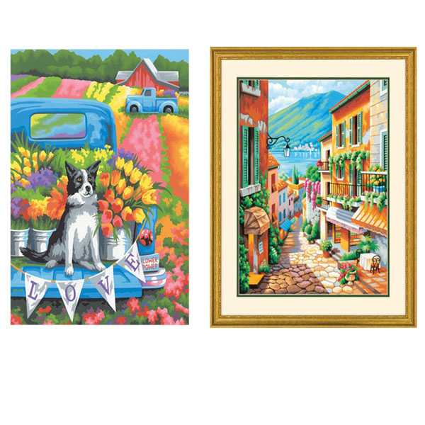 Paint by Number Kits - Choose from Flower Power Dog Paint And Village Steps - Finished artwork sizes: Village - These are very nice big kits! - 16