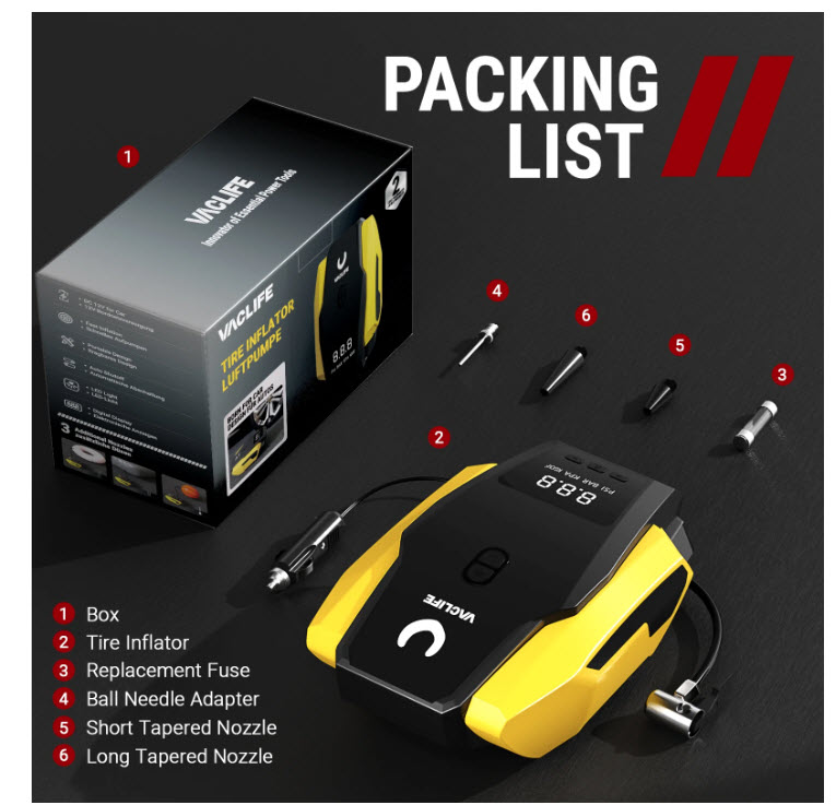 VacLife Tire Inflator Portable Air Compressor, DC 12V Auto Digital Air